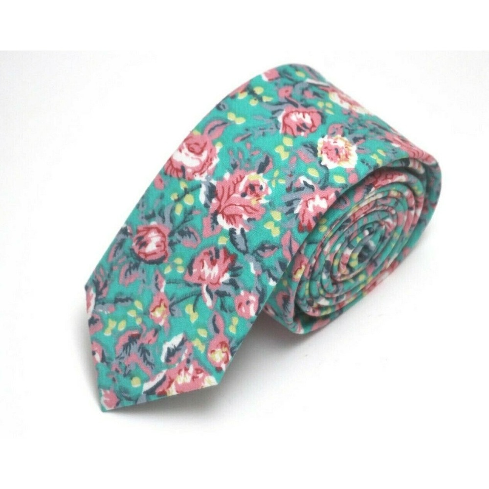 Green Pink Floral cotton Men's Necktie Skinny 2‎ 1/2W 58L